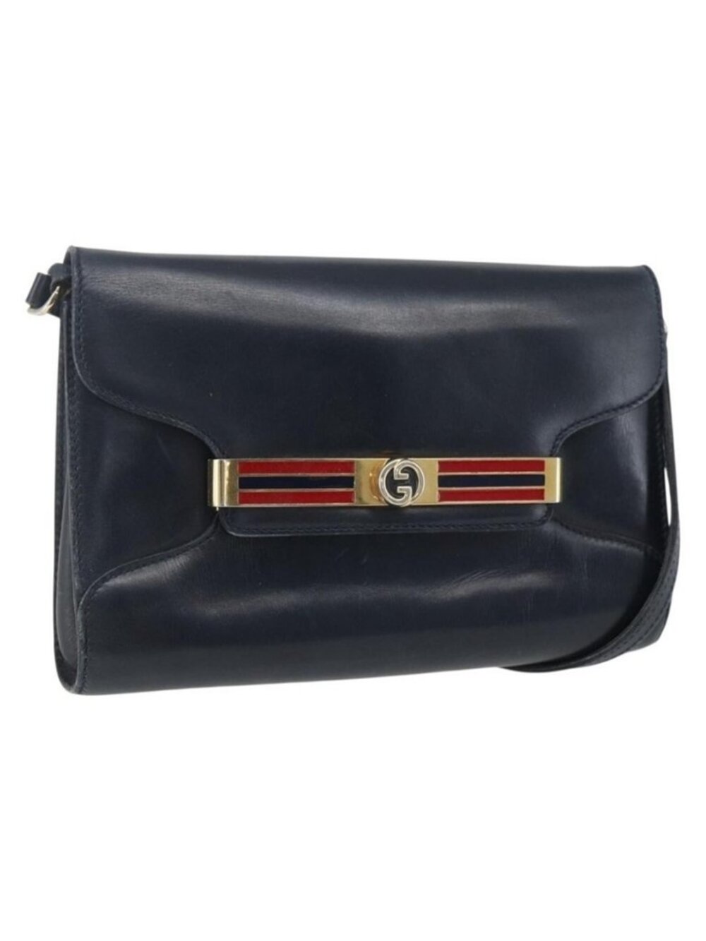 Authentic GUCCI Shoulder Bag Leather Navy Gold